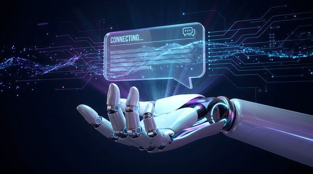Futuristic AI Chatbot Interface with Humanoid Robot Hand and Digital Communication Network Concept for Design