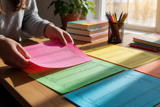 Student organizes colored study schedule papers. Bright morning sun shines on desk with books and pencils. Planning lessons for school and learning.