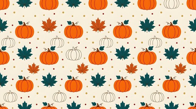 Seamless pattern with pumpkins and autumn maple leaves on a light background