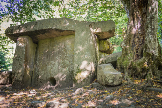 Ancient portal dolmen in forest in Russia, Lagonaki