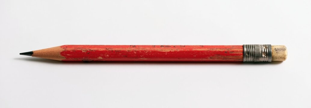 Old red pencil with eraser on white background