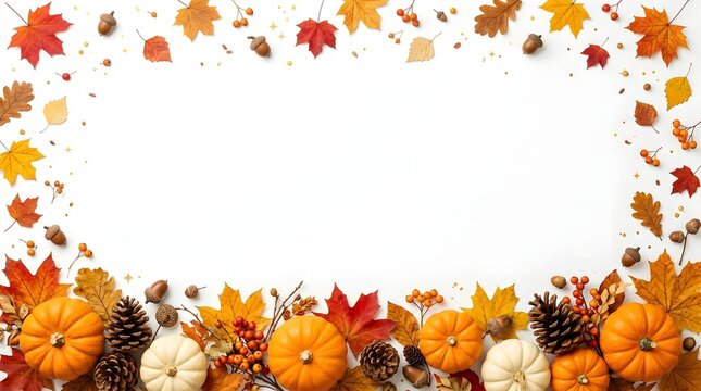 Autumn harvest frame with pumpkins, pinecones, acorns, and fall leaves isolated on white background