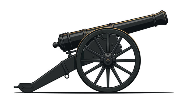 Vintage black vector illustration of a military artillery cannon with large wooden wagon wheels