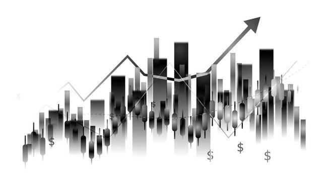 Abstract financial chart with candlesticks, bar graphs and upward arrow animation