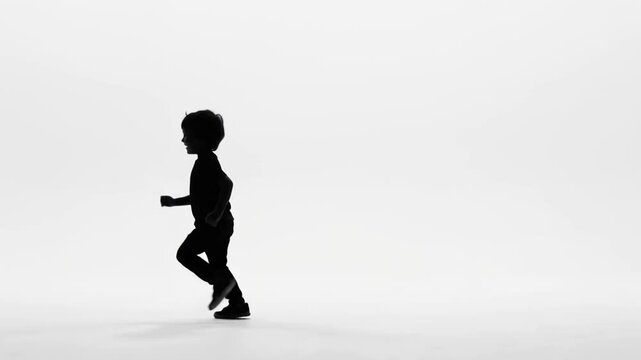 Child Walking and Running Silhouette on White Background, Active Childhood Animation