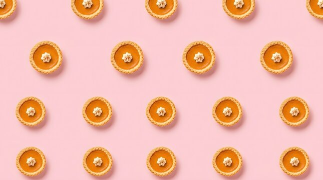 Seamless pattern of miniature pumpkin pies with whipped cream on pink background