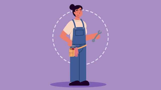 Animation of professional female repairwoman standing with wrench tool and tool belt on purple background.