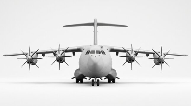 Frontal perspective of a robust heavy-lift transport aircraft, showcasing its powerful four-engine design essential for strategic air mobility and global cargo transport operations