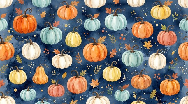 Seamless pattern with watercolor pumpkins and autumn leaves on a dark blue background