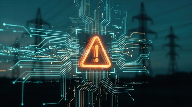 Electrical grid cyber-attack attempt with flashing warning alert symbol and data flowing in a tech background.
