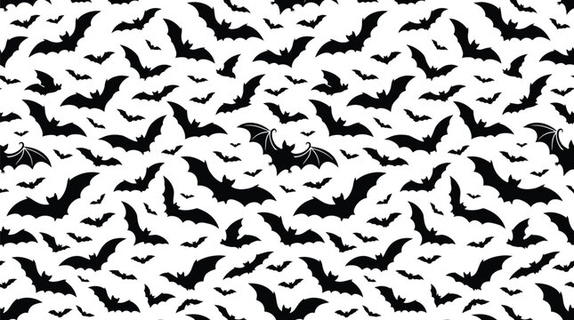 Seamless vector pattern featuring dark silhouette bats flying across white background for halloween design