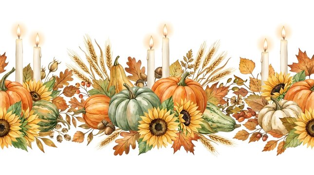 Watercolor autumn border with pumpkins, sunflowers, wheat, and candles isolated on white background