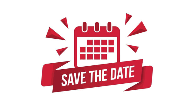 Red save the date vector graphic illustration featuring calendar icon with decorative ribbon banner
