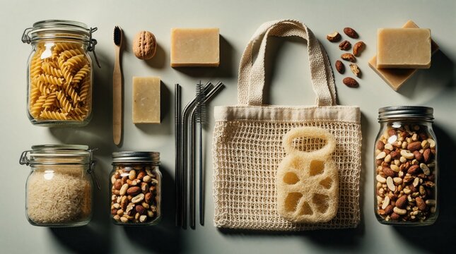 Glass jars store pasta, rice, and nuts. Bamboo toothbrush, soap bars, reusable straws, and mesh bag promote zero waste living. Natural loofah sponge and walnuts also present.