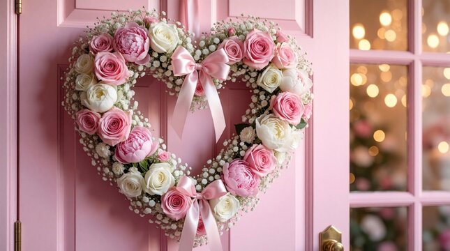 Pink door decorated with heart floral wreath. Roses and baby breath arrangement with satin ribbons. Soft lights visible through glass panels.