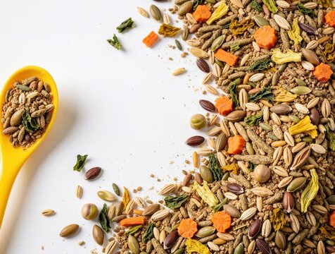 Top view of healthy hamster food mix with yellow spoon on white background. Colorful grain seeds, dried vegetables, corn pellets provide balanced diet for small pets. Nutrient rich rodent snack