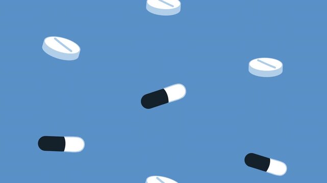 Medical capsule and tablet pattern falling over blue background in seamless loop animation with flat vector style.