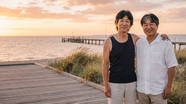 夕暮れの海辺のウッドデッキで肩を組むシニア男性 | 黄金色の夕焼け