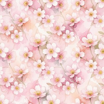 Seamless watercolor pattern with delicate pink cherry blossom flowers. Soft spring floral background features light peach, cream pastel hues. Hand drawn botanical texture for romantic wedding decor,