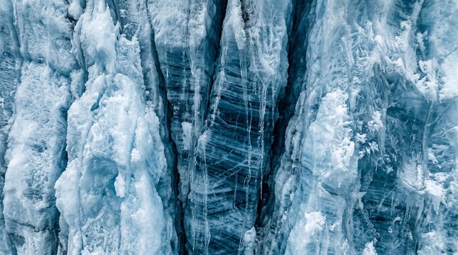 Close-up of Greenland glacier ice wall with deep cracks, blue tones and Arctic frozen textures.
