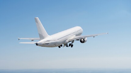 Fototapeta premium White Commercial Passenger Airplane Taking Off From Airport Runway Into The Clear Blue Sky During A Daytime Flight