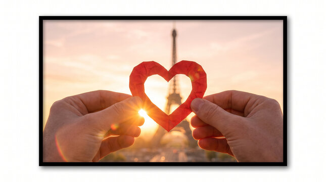 Romantic sunset in Paris with hands holding red paper heart, Eiffel Tower framed by heart shape, love and travel concept isolated on White Background