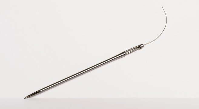 Silver medical trocar needle device on white background