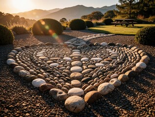 Fototapeta premium Heart shaped pebble path in garden at sunset. Smooth stones create romantic pattern on ground. Beautiful landscape with mountains, green bushes, lawn. Peaceful outdoor zen space with warm golden