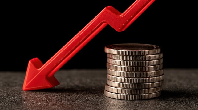 Red downward arrow next to stack of coins