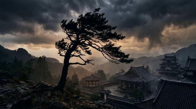 Dramatic Landscape View of Traditional Edo Period Japanese Post Town
