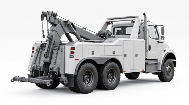 White tow truck with a crane and wrecker equipment isolated on a clean white background