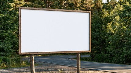 Fototapeta premium Empty wooden billboard beside winding forest road