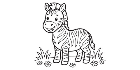 Fototapeta premium A cute little zebra standing in the grass illustrated as a black and white coloring page