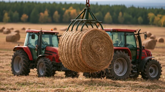 red tractors lifting round hay bales in autumn