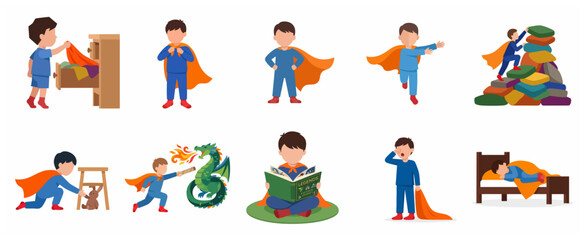 Fototapeta premium Boy superhero imagination play routine set, little kid in cape pretending to fly, fight dragon and rescue toys, childhood fantasy flat vector illustration