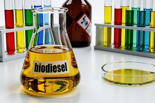 Liquid biodiesel in lab flask and petri dish. Test tubes with colorful liquids and hazardous chemical bottle nearby on white table. Scientific research setup.
