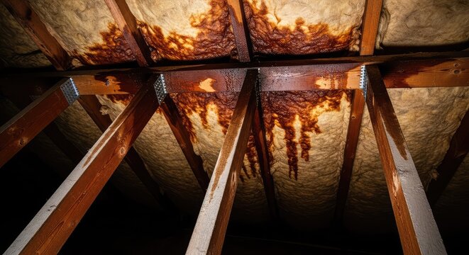 Brown water stains spread across the wooden rafters and fiberglass insulation of a dark attic, showing signs of a persistent roof leak, attic, insulation, yellow