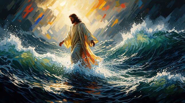Jesus Christ walks on stormy ocean waves, divine light shines from sky. Illustration shows faith over adversity, spiritual power, and hope amidst turmoil.
