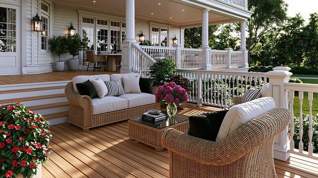 Wicker furniture on wooden porch with flowers and
