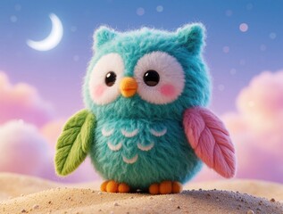 Naklejka premium Cute knitted owl toy sits on sandy dune against dreamy night sky with crescent moon and soft pink clouds. Adorable fluffy creature with big eyes is ready for bedtime stories.