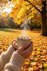 Naklejka premium Woman hands hold steaming ceramic mug in autumn park. Person wearing cozy knit sweater enjoys hot tea coffee amidst yellow fallen leaves. Warm beverage with visible steam creates relaxing fall mood