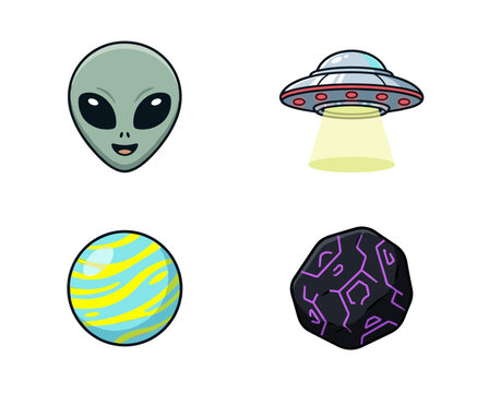Space Sci Fi Elements Set with Alien Head Flying UFO Spacecraft Striped Planet and Asteroid