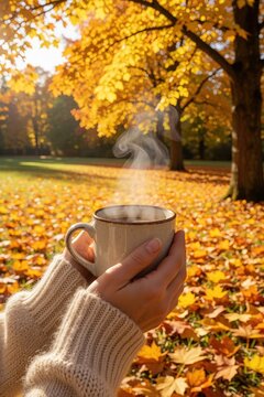 Woman hands hold steaming ceramic mug in autumn park. Person wearing cozy knit sweater enjoys hot tea coffee amidst yellow fallen leaves. Warm beverage with visible steam creates relaxing fall mood