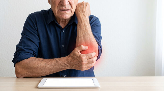 Faceless senior man holding painful elbow with glowing red highlight sitting at desk near blank tablet mockup