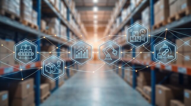 Digital warehouse supply chain management interface with logistics icons and network connectivity overlay showing automated distribution processes inside modern storage facility with blurred racks