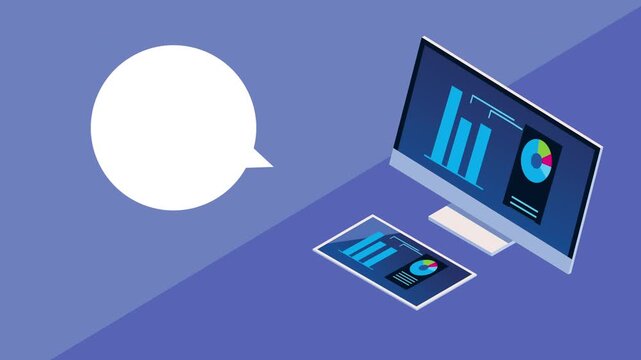 Computer displaying financial charts and graphs with a speech bubble appearing beside it.