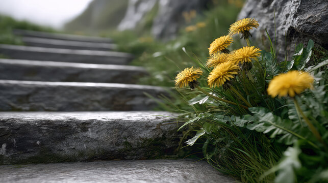 Stone step rough texture dandelion green grass outdoor nature close up spring wildflower peaceful scene