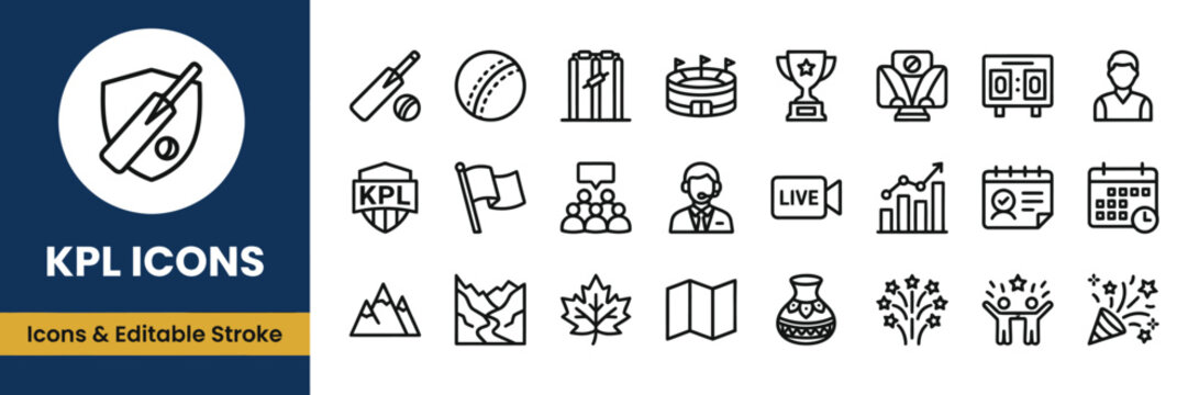KPL icons illustrated with bold black outlines on a crisp white surface, depicting cricket sports equipment, stadium architecture, championship trophies, and celebratory fireworks.