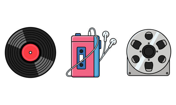 Vintage Retro Music and Audio Media Set with Vinyl Record Cassette Player and Reel