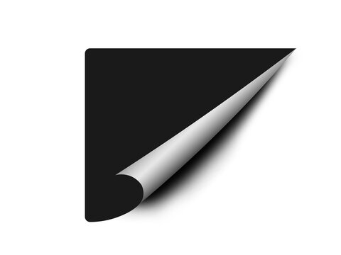 Black page corner peel effect with realistic silver curled paper and soft shadow. Minimal folded page illustration creates a dimensional turning effect. Clean isolated graphic for web, print, 